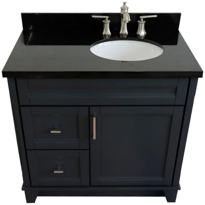 Bellaterra Home Terni 37" 1-Door 2-Drawer Dark Gray Freestanding Vanity Set With Ceramic Right Offset Undermount Oval Sink and Black Galaxy Granite Top, and Right Door Base