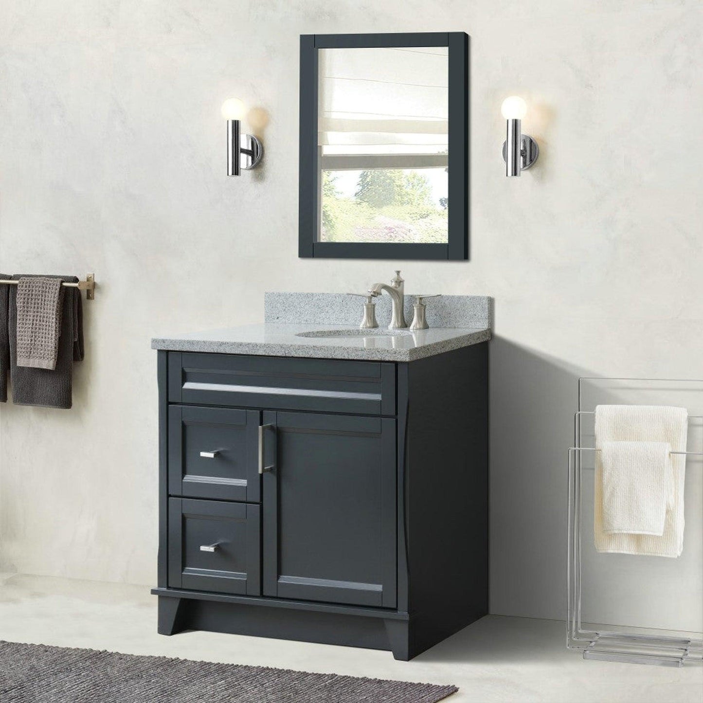 Bellaterra Home Terni 37" 1-Door 2-Drawer Dark Gray Freestanding Vanity Set With Ceramic Right Offset Undermount Oval Sink and Gray Granite Top, and Right Door Base