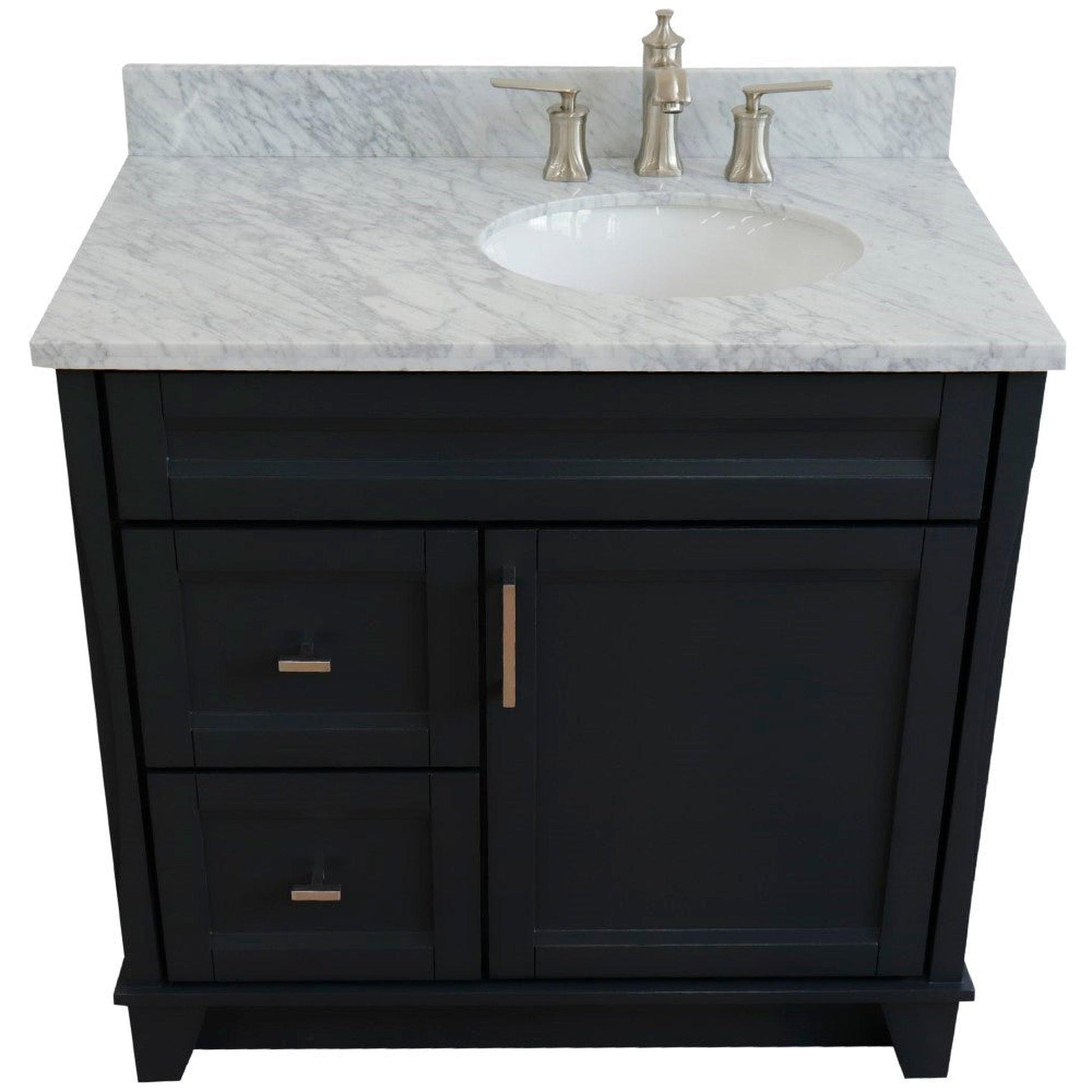 Bellaterra Home Terni 37" 1-Door 2-Drawer Dark Gray Freestanding Vanity Set With Ceramic Right Offset Undermount Oval Sink and White Carrara Marble Top, and Right Door Base