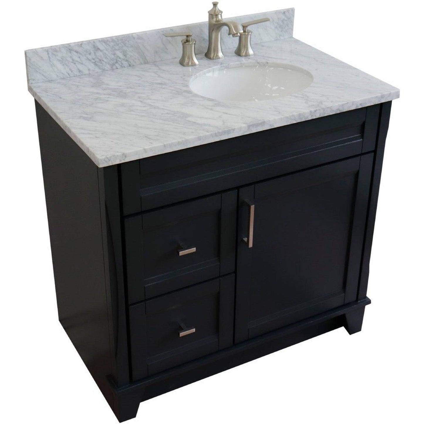 Bellaterra Home Terni 37" 1-Door 2-Drawer Dark Gray Freestanding Vanity Set With Ceramic Right Offset Undermount Oval Sink and White Carrara Marble Top, and Right Door Base