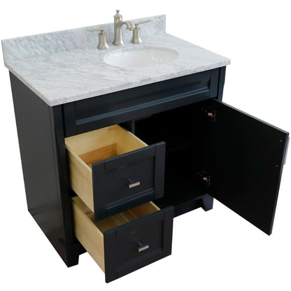 Bellaterra Home Terni 37" 1-Door 2-Drawer Dark Gray Freestanding Vanity Set With Ceramic Right Offset Undermount Oval Sink and White Carrara Marble Top, and Right Door Base