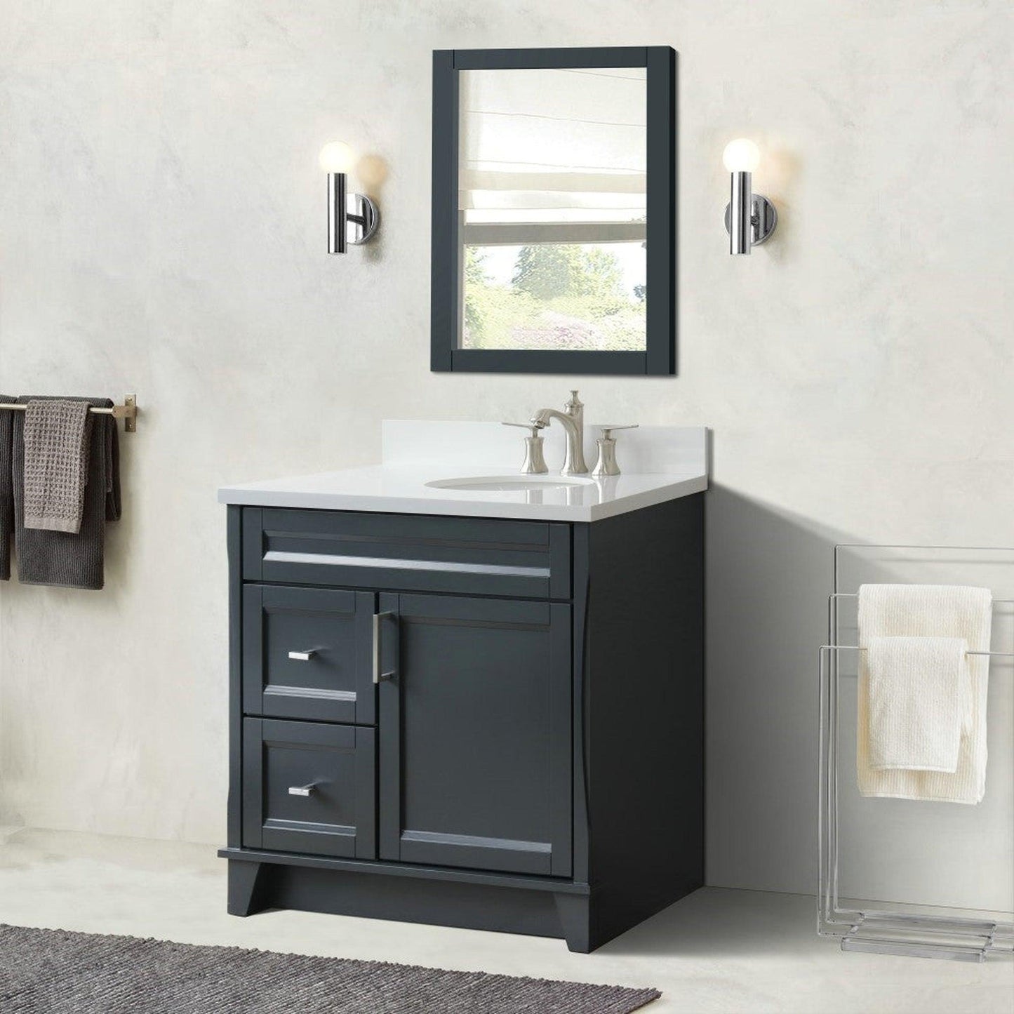 Bellaterra Home Terni 37" 1-Door 2-Drawer Dark Gray Freestanding Vanity Set With Ceramic Right Offset Undermount Oval Sink and White Quartz Top, and Right Door Base