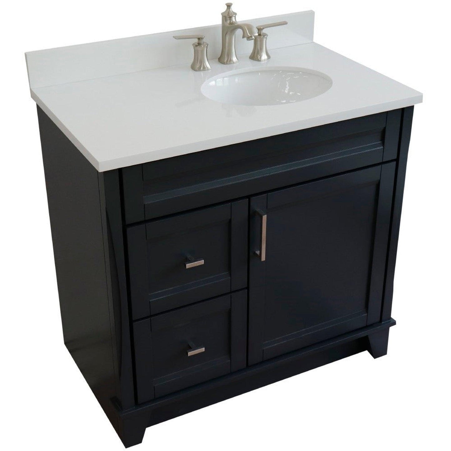 Bellaterra Home Terni 37" 1-Door 2-Drawer Dark Gray Freestanding Vanity Set With Ceramic Right Offset Undermount Oval Sink and White Quartz Top, and Right Door Base