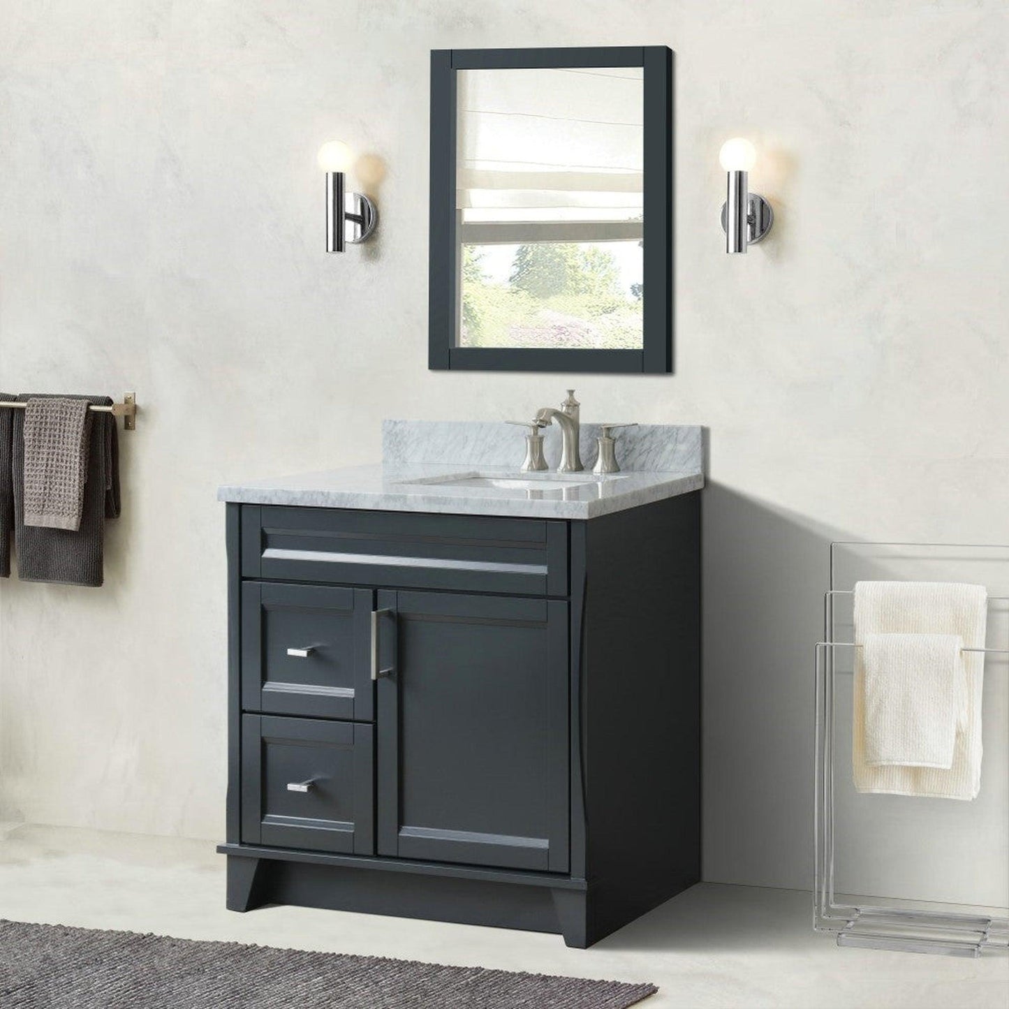 Bellaterra Home Terni 37" 1-Door 2-Drawer Dark Gray Freestanding Vanity Set With Ceramic Right Offset Undermount Rectangular Sink and White Carrara Marble Top, and Right Door Base