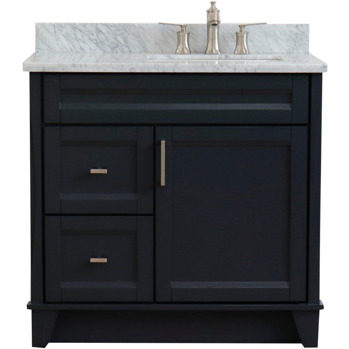 Bellaterra Home Terni 37" 1-Door 2-Drawer Dark Gray Freestanding Vanity Set With Ceramic Right Offset Undermount Rectangular Sink and White Carrara Marble Top, and Right Door Base