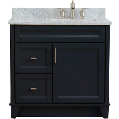 Bellaterra Home Terni 37" 1-Door 2-Drawer Dark Gray Freestanding Vanity Set With Ceramic Right Offset Undermount Rectangular Sink and White Carrara Marble Top, and Right Door Base