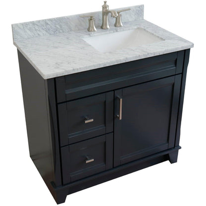 Bellaterra Home Terni 37" 1-Door 2-Drawer Dark Gray Freestanding Vanity Set With Ceramic Right Offset Undermount Rectangular Sink and White Carrara Marble Top, and Right Door Base