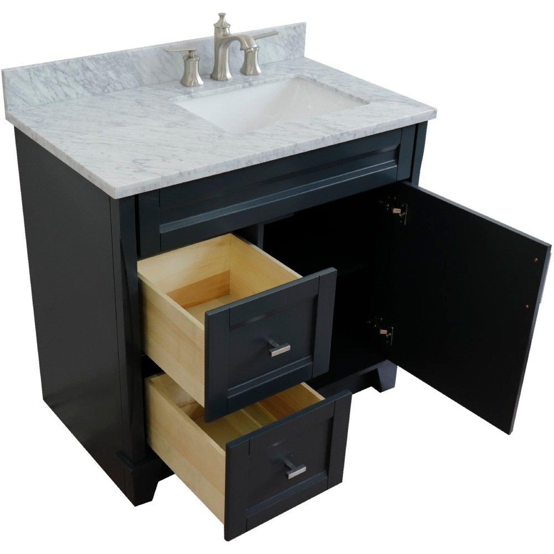 Bellaterra Home Terni 37" 1-Door 2-Drawer Dark Gray Freestanding Vanity Set With Ceramic Right Offset Undermount Rectangular Sink and White Carrara Marble Top, and Right Door Base