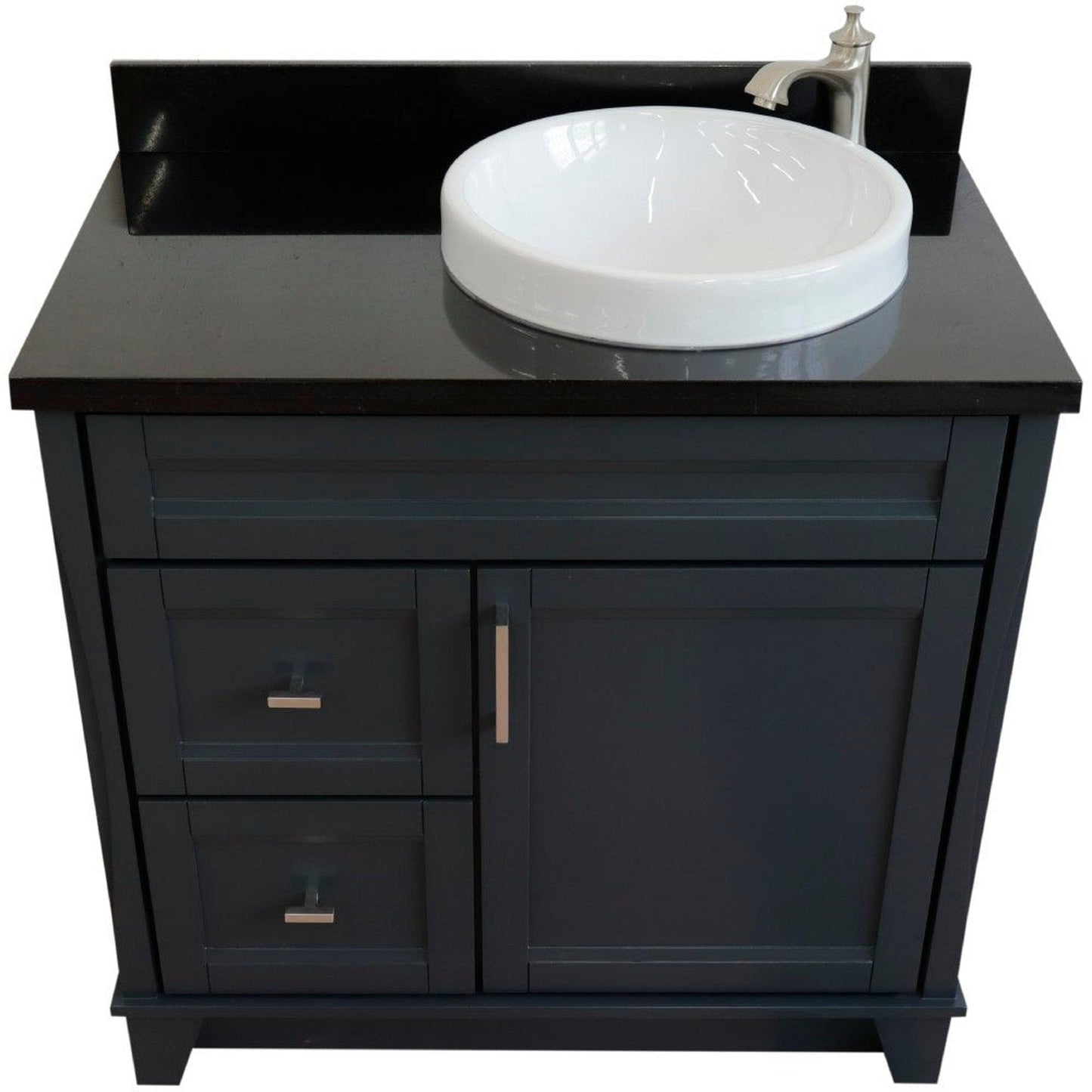 Bellaterra Home Terni 37" 1-Door 2-Drawer Dark Gray Freestanding Vanity Set With Ceramic Right Offset Vessel Sink and Black Galaxy Granite Top, and Right Door Base