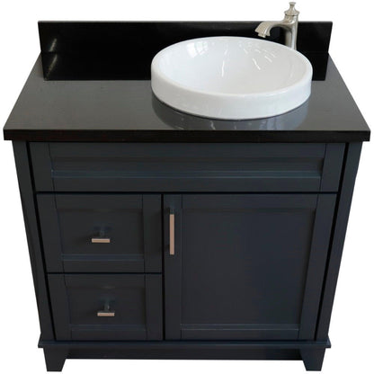 Bellaterra Home Terni 37" 1-Door 2-Drawer Dark Gray Freestanding Vanity Set With Ceramic Right Offset Vessel Sink and Black Galaxy Granite Top, and Right Door Base