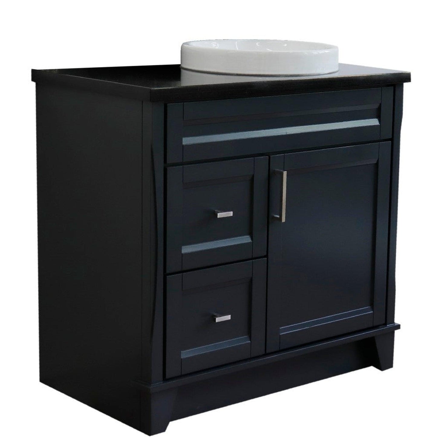 Bellaterra Home Terni 37" 1-Door 2-Drawer Dark Gray Freestanding Vanity Set With Ceramic Right Offset Vessel Sink and Black Galaxy Granite Top, and Right Door Base