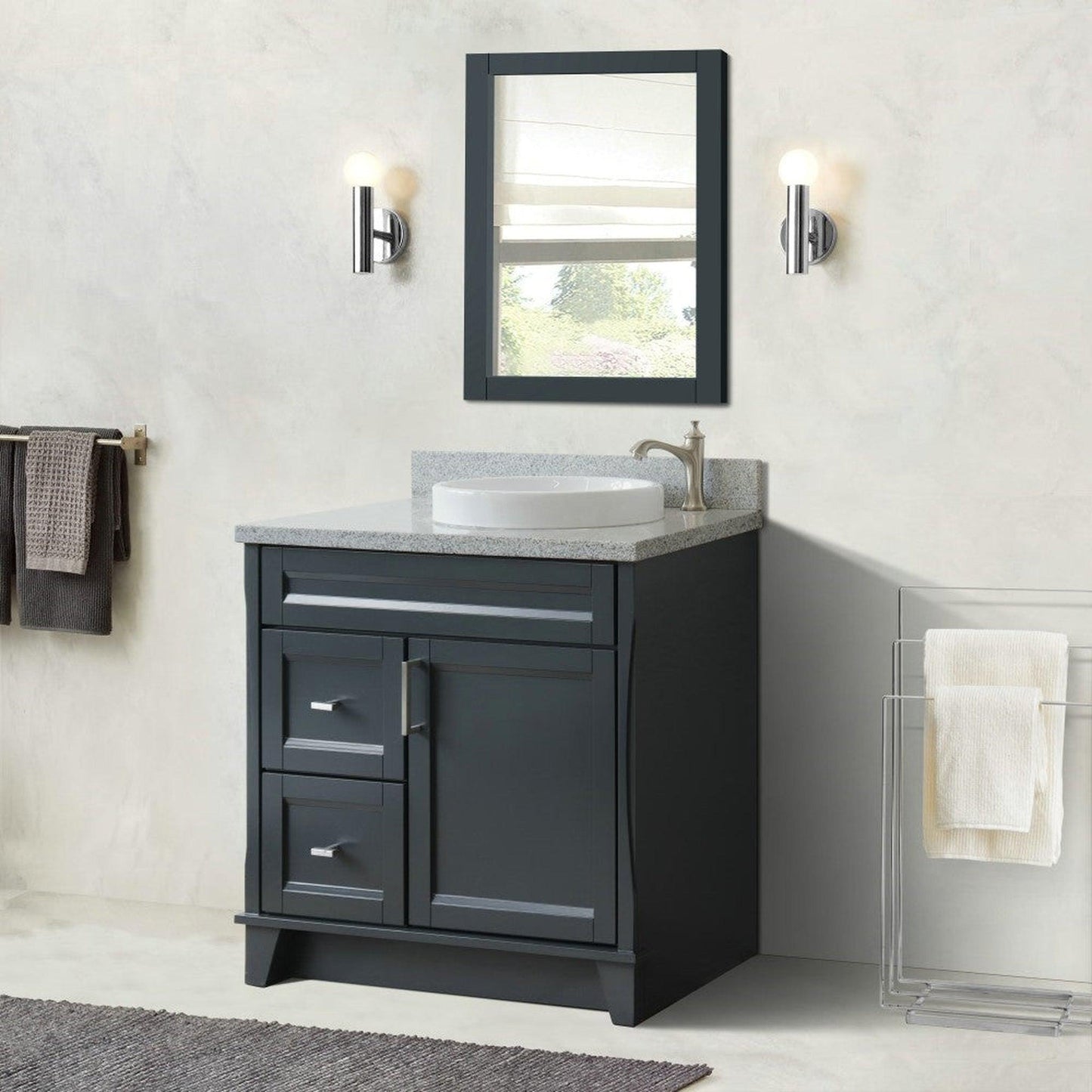 Bellaterra Home Terni 37" 1-Door 2-Drawer Dark Gray Freestanding Vanity Set With Ceramic Right Offset Vessel Sink and Gray Granite Top, and Right Door Base