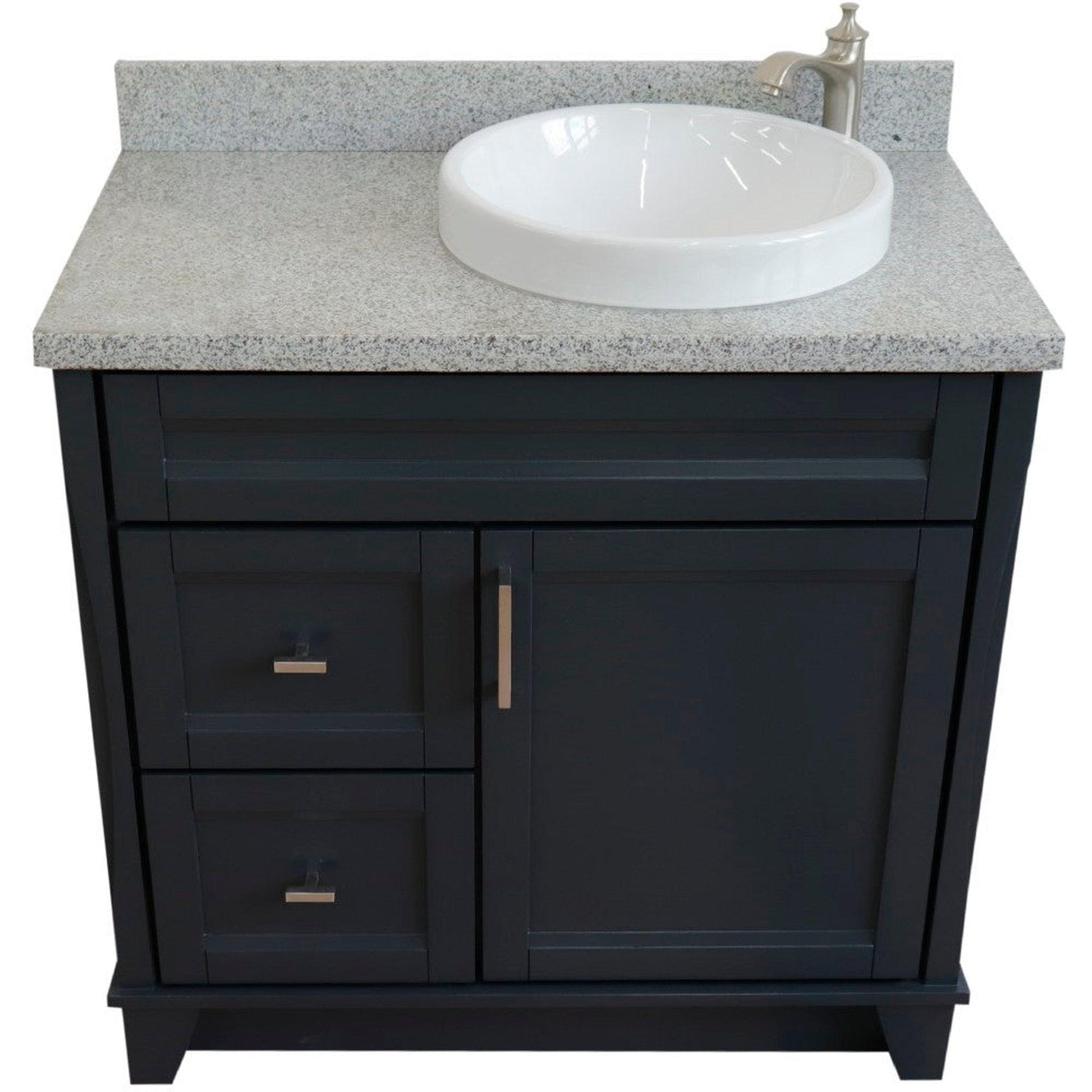 Bellaterra Home Terni 37" 1-Door 2-Drawer Dark Gray Freestanding Vanity Set With Ceramic Right Offset Vessel Sink and Gray Granite Top, and Right Door Base