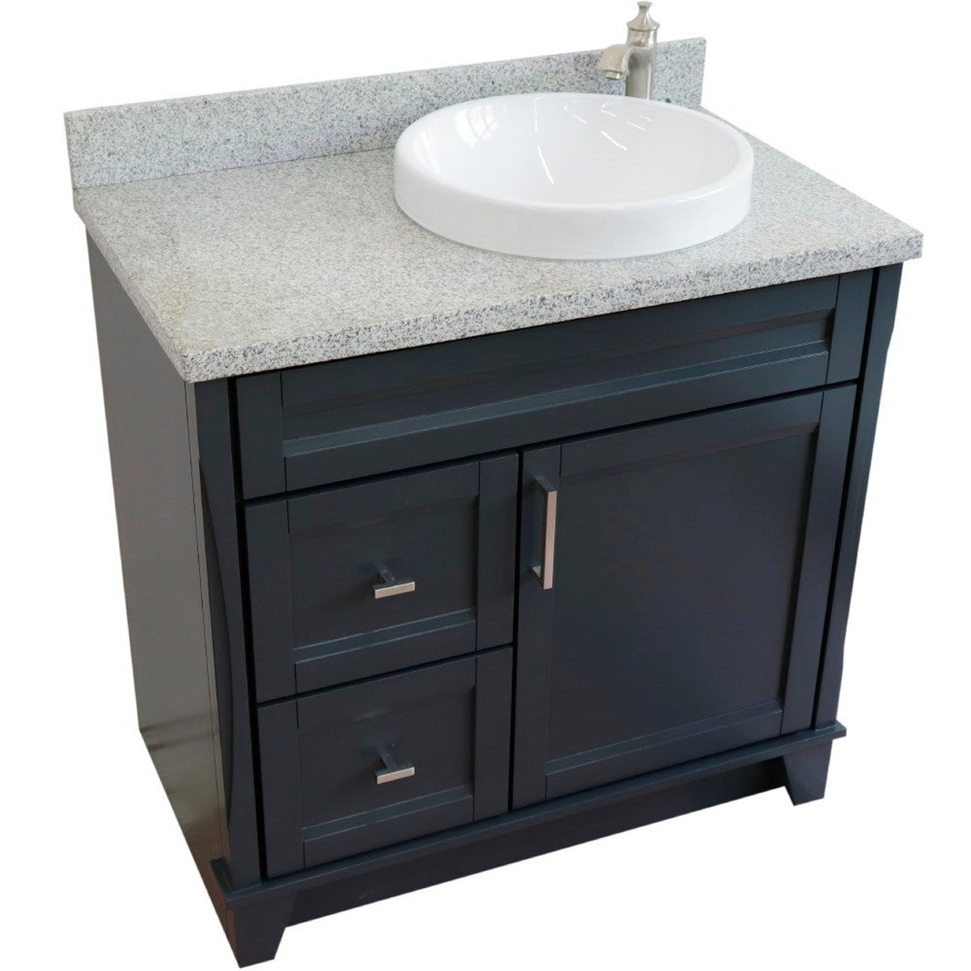 Bellaterra Home Terni 37" 1-Door 2-Drawer Dark Gray Freestanding Vanity Set With Ceramic Right Offset Vessel Sink and Gray Granite Top, and Right Door Base
