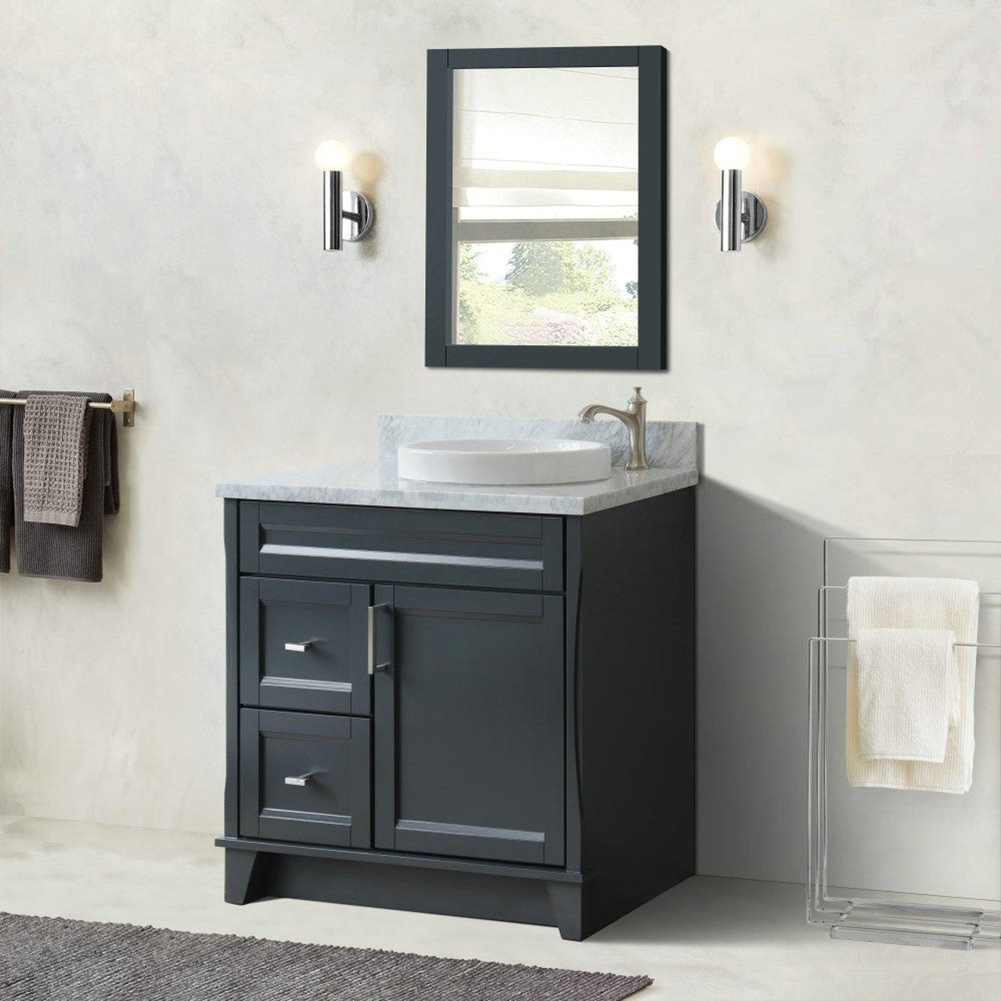 Bellaterra Home Terni 37" 1-Door 2-Drawer Dark Gray Freestanding Vanity Set With Ceramic Right Offset Vessel Sink and White Carrara Marble Top, and Right Door Base
