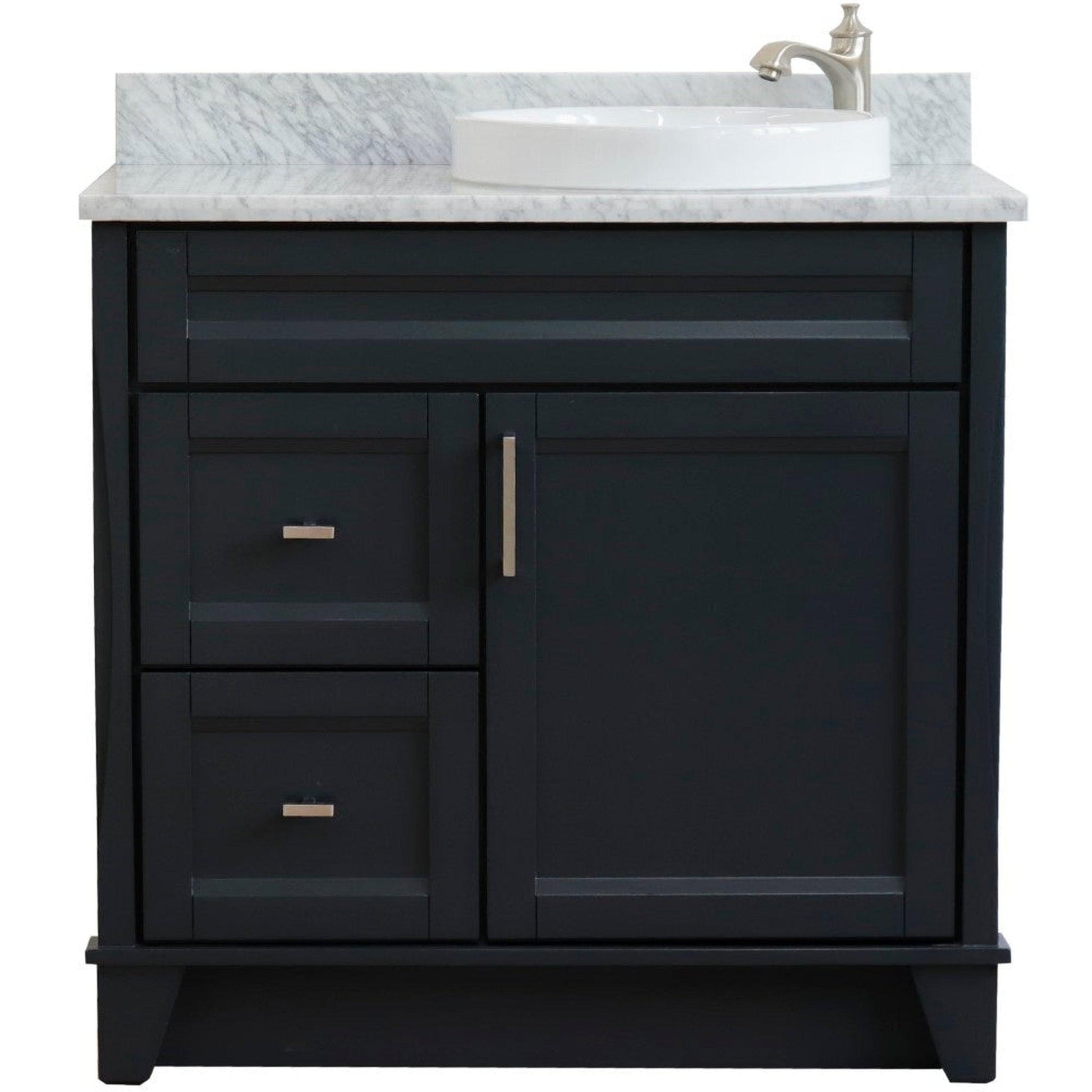 Bellaterra Home Terni 37" 1-Door 2-Drawer Dark Gray Freestanding Vanity Set With Ceramic Right Offset Vessel Sink and White Carrara Marble Top, and Right Door Base