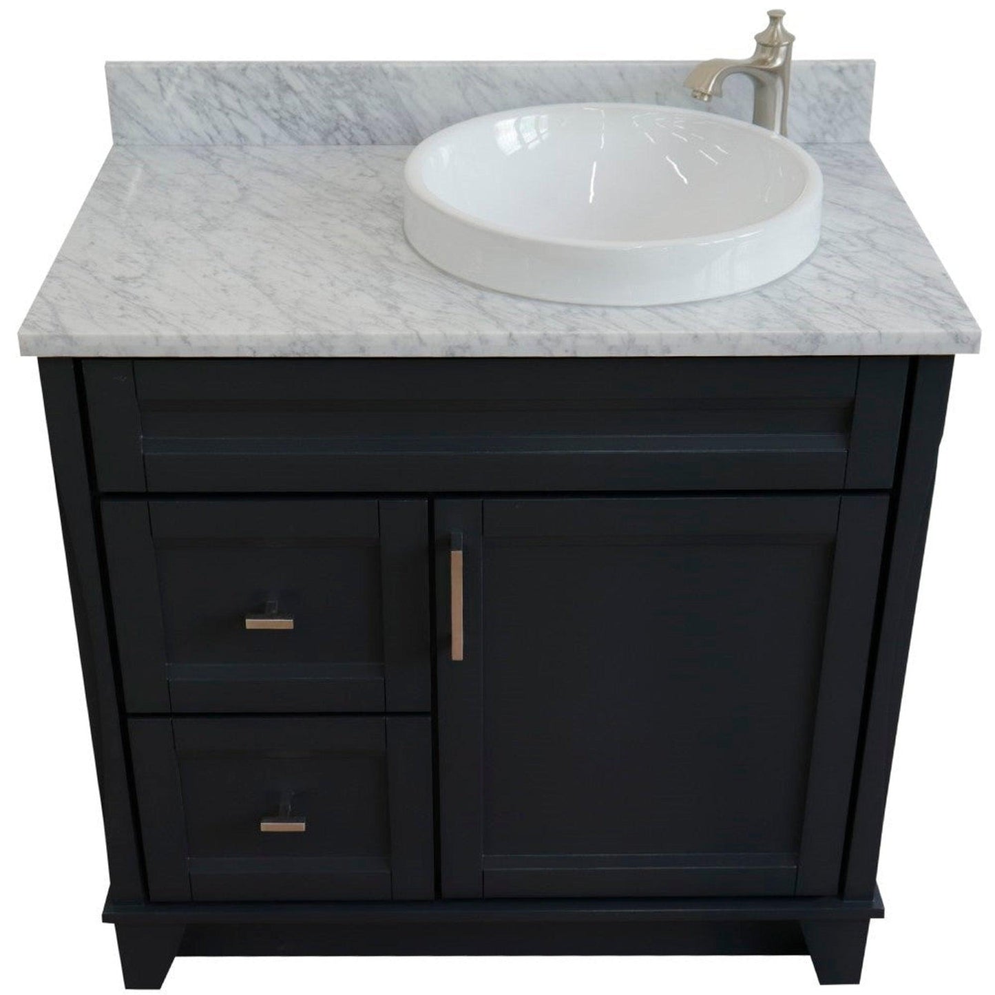 Bellaterra Home Terni 37" 1-Door 2-Drawer Dark Gray Freestanding Vanity Set With Ceramic Right Offset Vessel Sink and White Carrara Marble Top, and Right Door Base