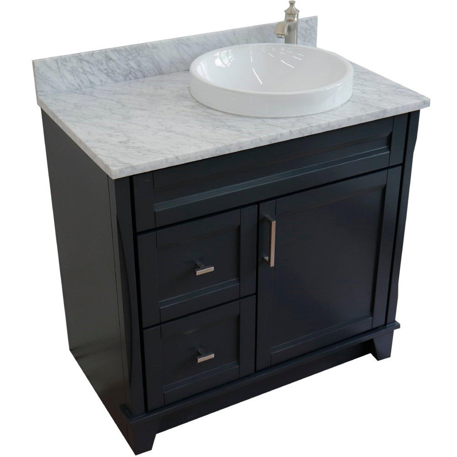 Bellaterra Home Terni 37" 1-Door 2-Drawer Dark Gray Freestanding Vanity Set With Ceramic Right Offset Vessel Sink and White Carrara Marble Top, and Right Door Base