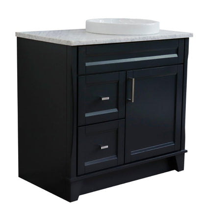 Bellaterra Home Terni 37" 1-Door 2-Drawer Dark Gray Freestanding Vanity Set With Ceramic Right Offset Vessel Sink and White Carrara Marble Top, and Right Door Base