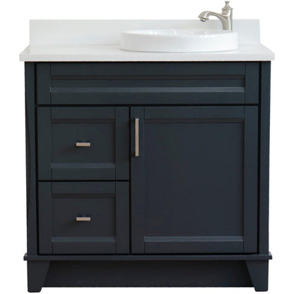 Bellaterra Home Terni 37" 1-Door 2-Drawer Dark Gray Freestanding Vanity Set With Ceramic Right Offset Vessel Sink and White Quartz Top, and Right Door Base