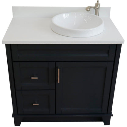 Bellaterra Home Terni 37" 1-Door 2-Drawer Dark Gray Freestanding Vanity Set With Ceramic Right Offset Vessel Sink and White Quartz Top, and Right Door Base