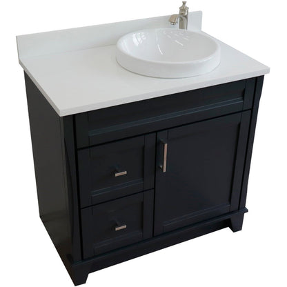 Bellaterra Home Terni 37" 1-Door 2-Drawer Dark Gray Freestanding Vanity Set With Ceramic Right Offset Vessel Sink and White Quartz Top, and Right Door Base