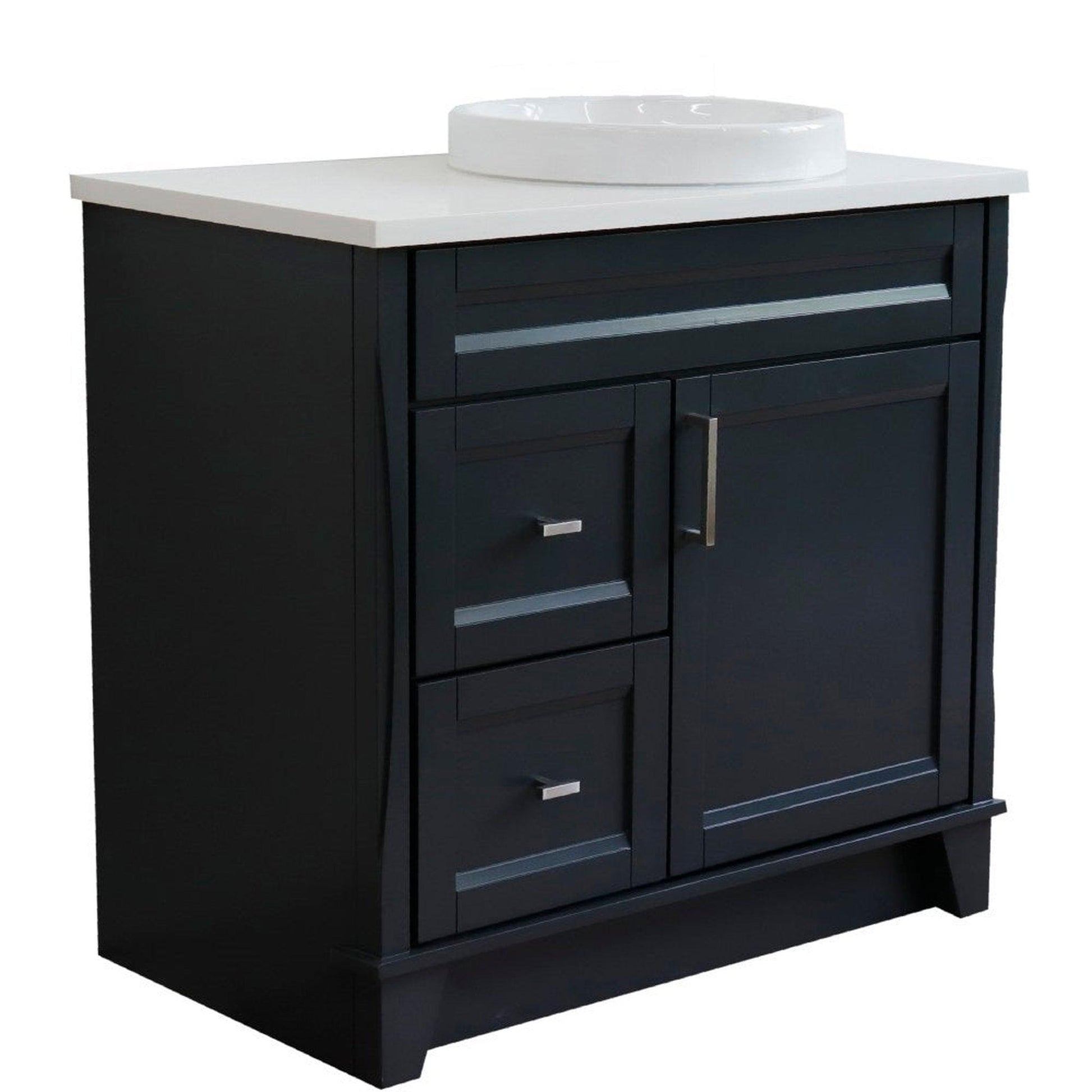 Bellaterra Home Terni 37" 1-Door 2-Drawer Dark Gray Freestanding Vanity Set With Ceramic Right Offset Vessel Sink and White Quartz Top, and Right Door Base