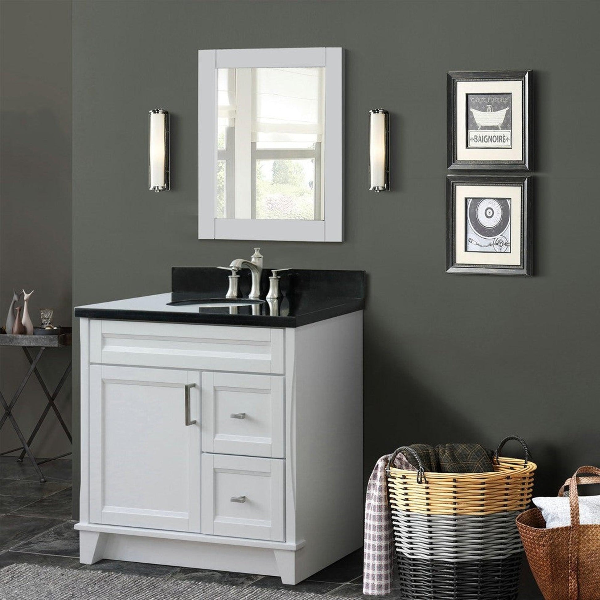 Bellaterra Home Terni 37" 1-Door 2-Drawer White Freestanding Vanity Set With Ceramic Center Undermount Oval Sink and Black Galaxy Granite Top, and Left Door Base