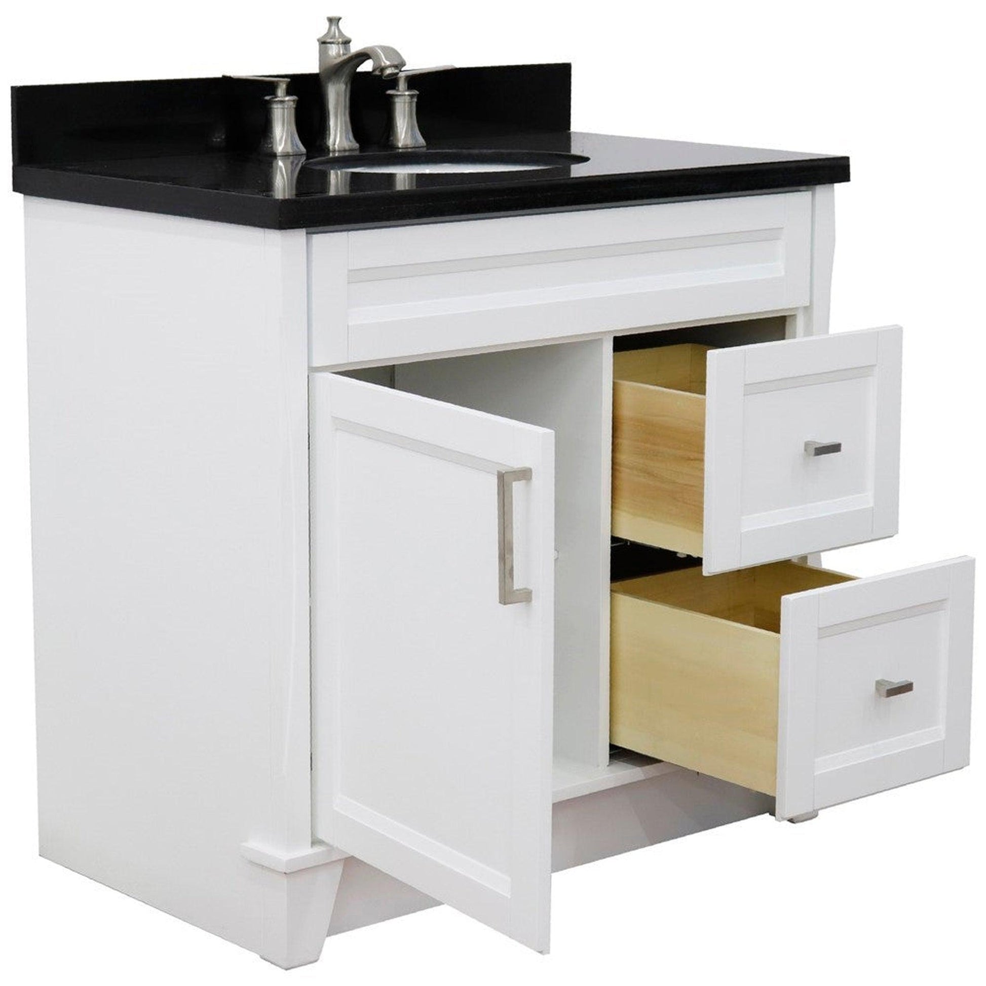 Bellaterra Home Terni 37" 1-Door 2-Drawer White Freestanding Vanity Set With Ceramic Center Undermount Oval Sink and Black Galaxy Granite Top, and Left Door Base