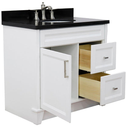 Bellaterra Home Terni 37" 1-Door 2-Drawer White Freestanding Vanity Set With Ceramic Center Undermount Oval Sink and Black Galaxy Granite Top, and Left Door Base