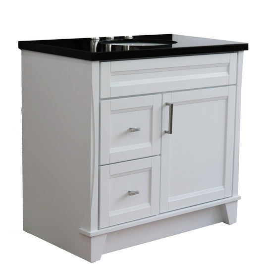 Bellaterra Home Terni 37" 1-Door 2-Drawer White Freestanding Vanity Set With Ceramic Center Undermount Oval Sink and Black Galaxy Granite Top, and Right Door Base