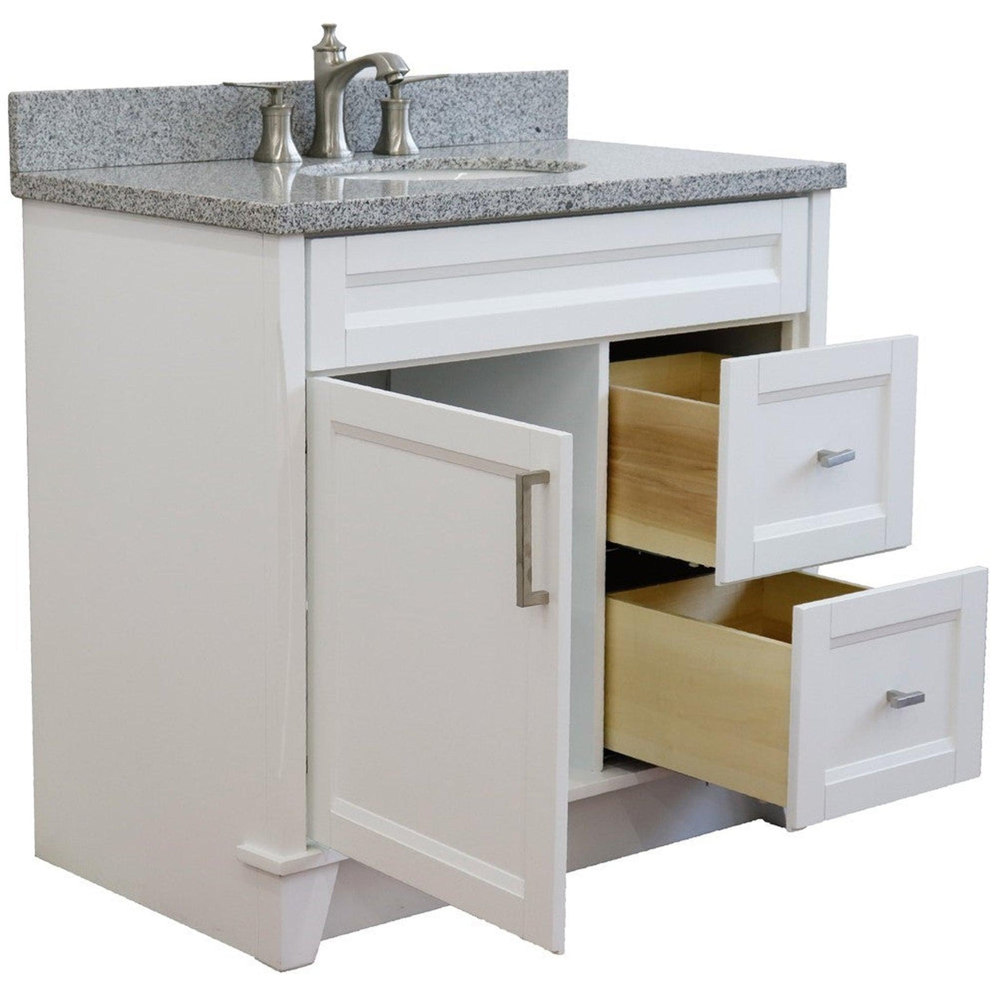 Bellaterra Home Terni 37" 1-Door 2-Drawer White Freestanding Vanity Set With Ceramic Center Undermount Oval Sink and Gray Granite Top, and Left Door Base