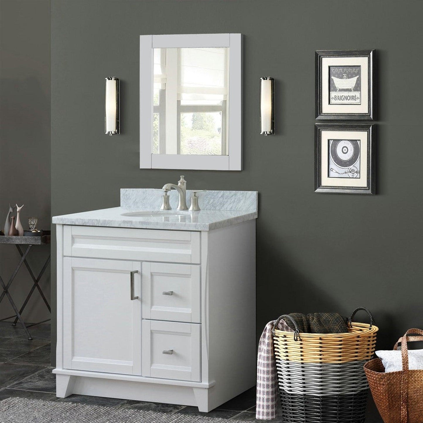 Bellaterra Home Terni 37" 1-Door 2-Drawer White Freestanding Vanity Set With Ceramic Center Undermount Oval Sink and White Carrara Marble Top, and Left Door Base