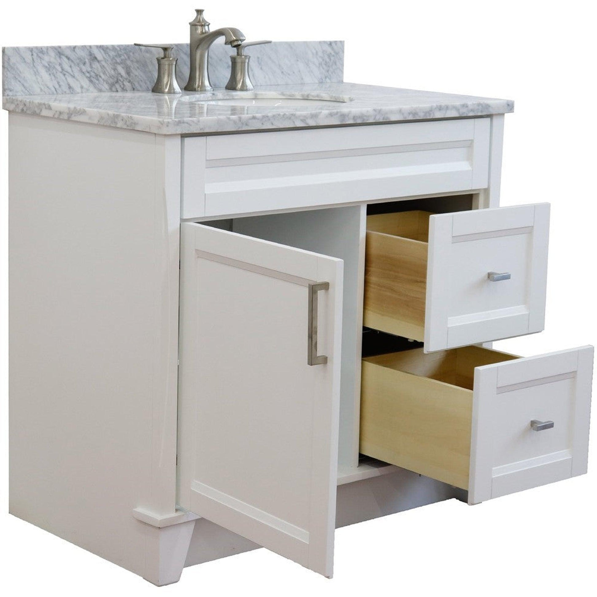 Bellaterra Home Terni 37" 1-Door 2-Drawer White Freestanding Vanity Set With Ceramic Center Undermount Oval Sink and White Carrara Marble Top, and Left Door Base