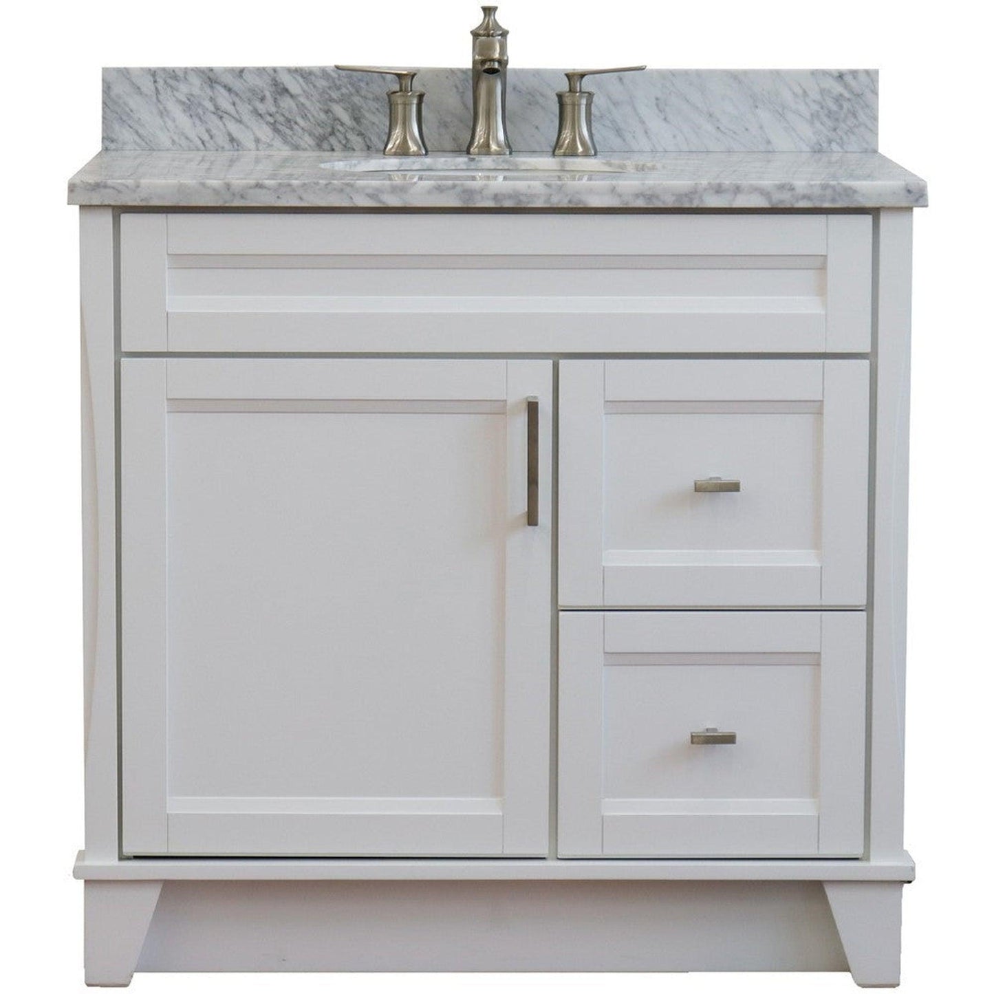 Bellaterra Home Terni 37" 1-Door 2-Drawer White Freestanding Vanity Set With Ceramic Center Undermount Oval Sink and White Carrara Marble Top, and Left Door Base