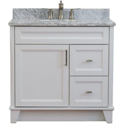 Bellaterra Home Terni 37" 1-Door 2-Drawer White Freestanding Vanity Set With Ceramic Center Undermount Oval Sink and White Carrara Marble Top, and Left Door Base