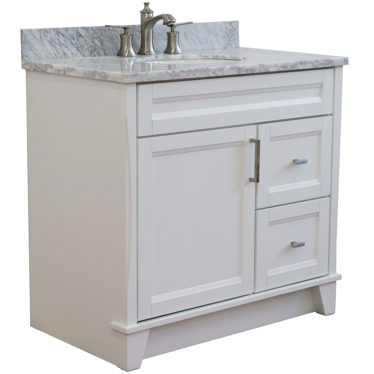 Bellaterra Home Terni 37" 1-Door 2-Drawer White Freestanding Vanity Set With Ceramic Center Undermount Oval Sink and White Carrara Marble Top, and Left Door Base