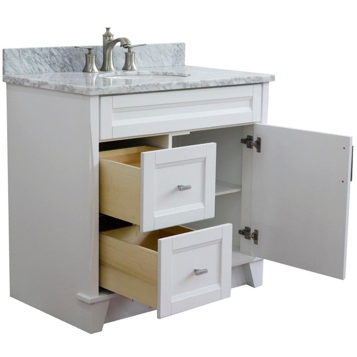 Bellaterra Home Terni 37" 1-Door 2-Drawer White Freestanding Vanity Set With Ceramic Center Undermount Oval Sink and White Carrara Marble Top, and Right Door Base