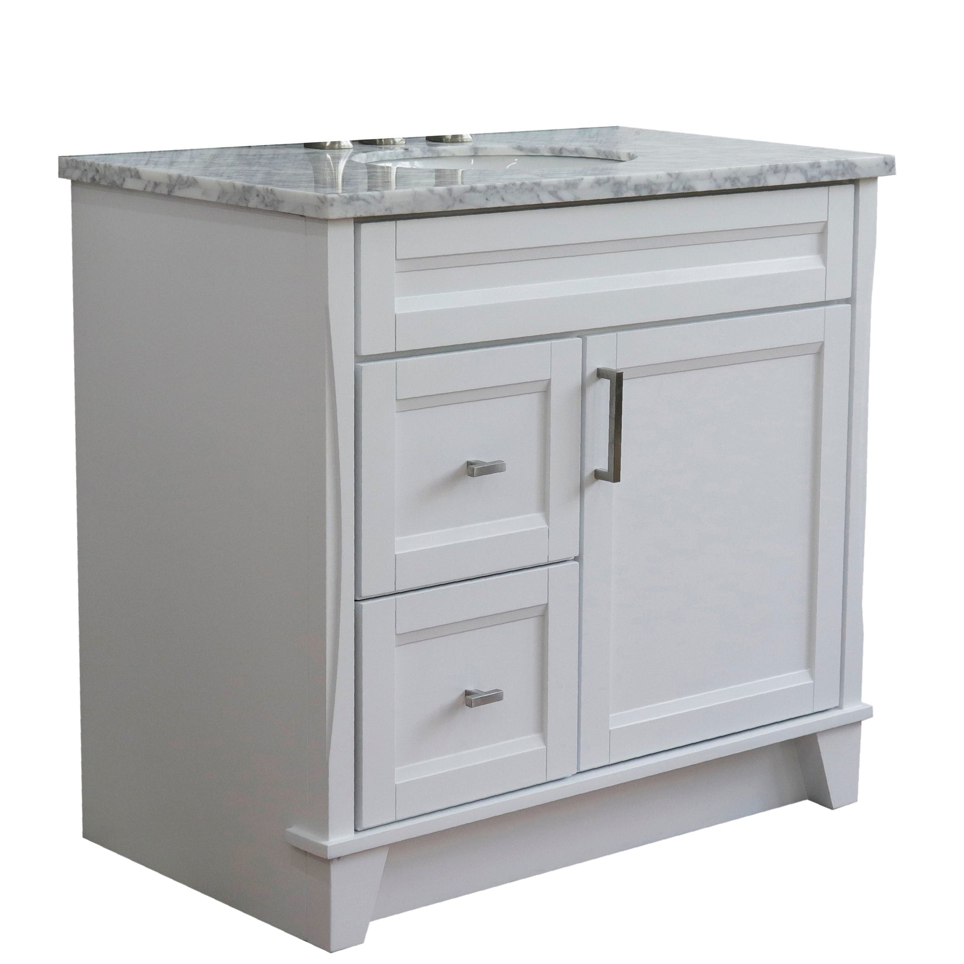 Bellaterra Home Terni 37" 1-Door 2-Drawer White Freestanding Vanity Set With Ceramic Center Undermount Oval Sink and White Carrara Marble Top, and Right Door Base