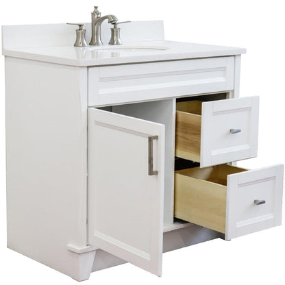 Bellaterra Home Terni 37" 1-Door 2-Drawer White Freestanding Vanity Set With Ceramic Center Undermount Oval Sink and White Quartz Top, and Left Door Base