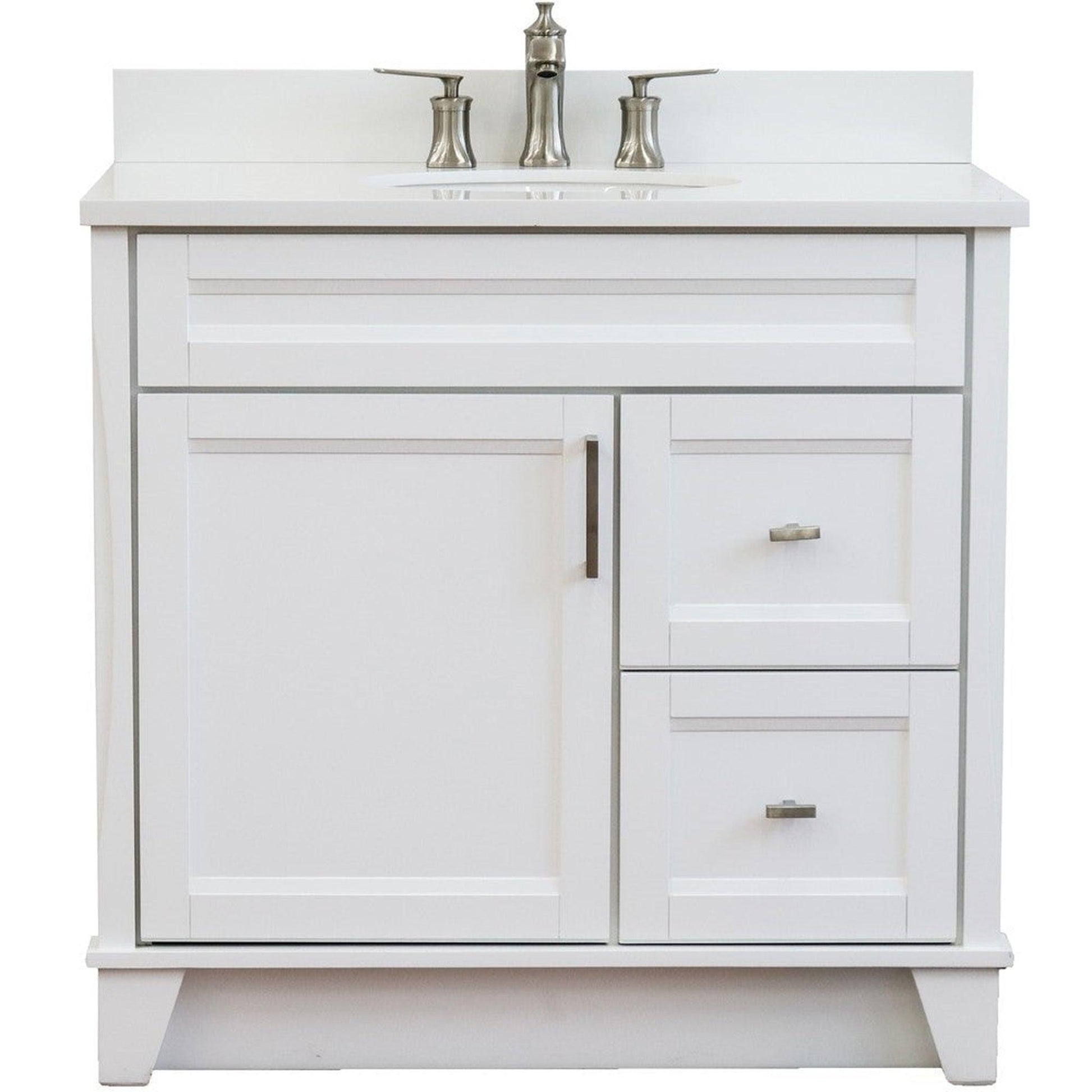 Bellaterra Home Terni 37" 1-Door 2-Drawer White Freestanding Vanity Set With Ceramic Center Undermount Oval Sink and White Quartz Top, and Left Door Base