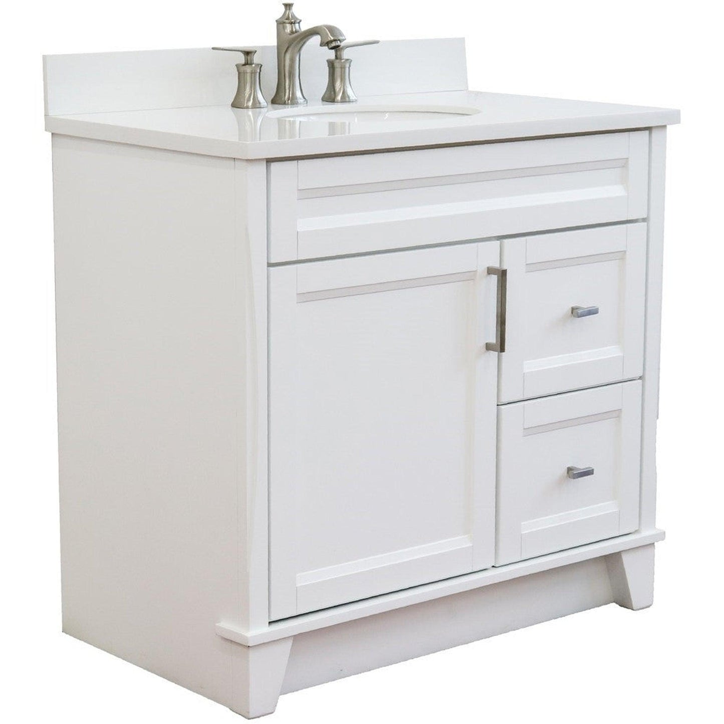 Bellaterra Home Terni 37" 1-Door 2-Drawer White Freestanding Vanity Set With Ceramic Center Undermount Oval Sink and White Quartz Top, and Left Door Base