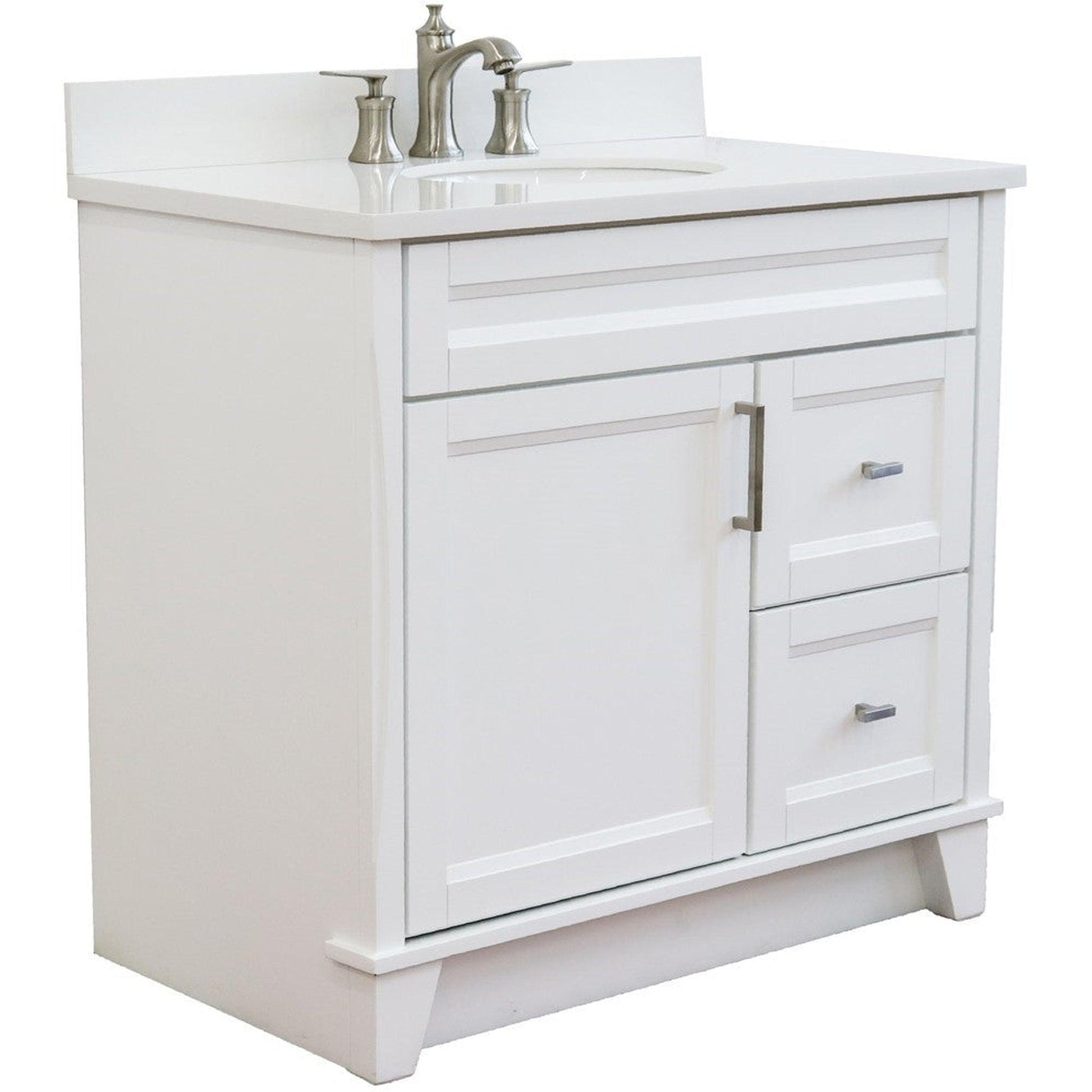 Bellaterra Home Terni 37" 1-Door 2-Drawer White Freestanding Vanity Set With Ceramic Center Undermount Oval Sink and White Quartz Top, and Left Door Base