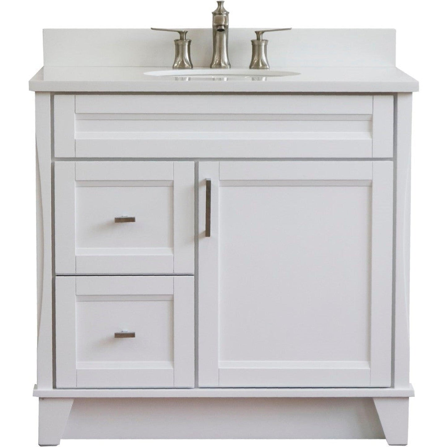 Bellaterra Home Terni 37" 1-Door 2-Drawer White Freestanding Vanity Set With Ceramic Center Undermount Oval Sink and White Quartz Top, and Right Door Base