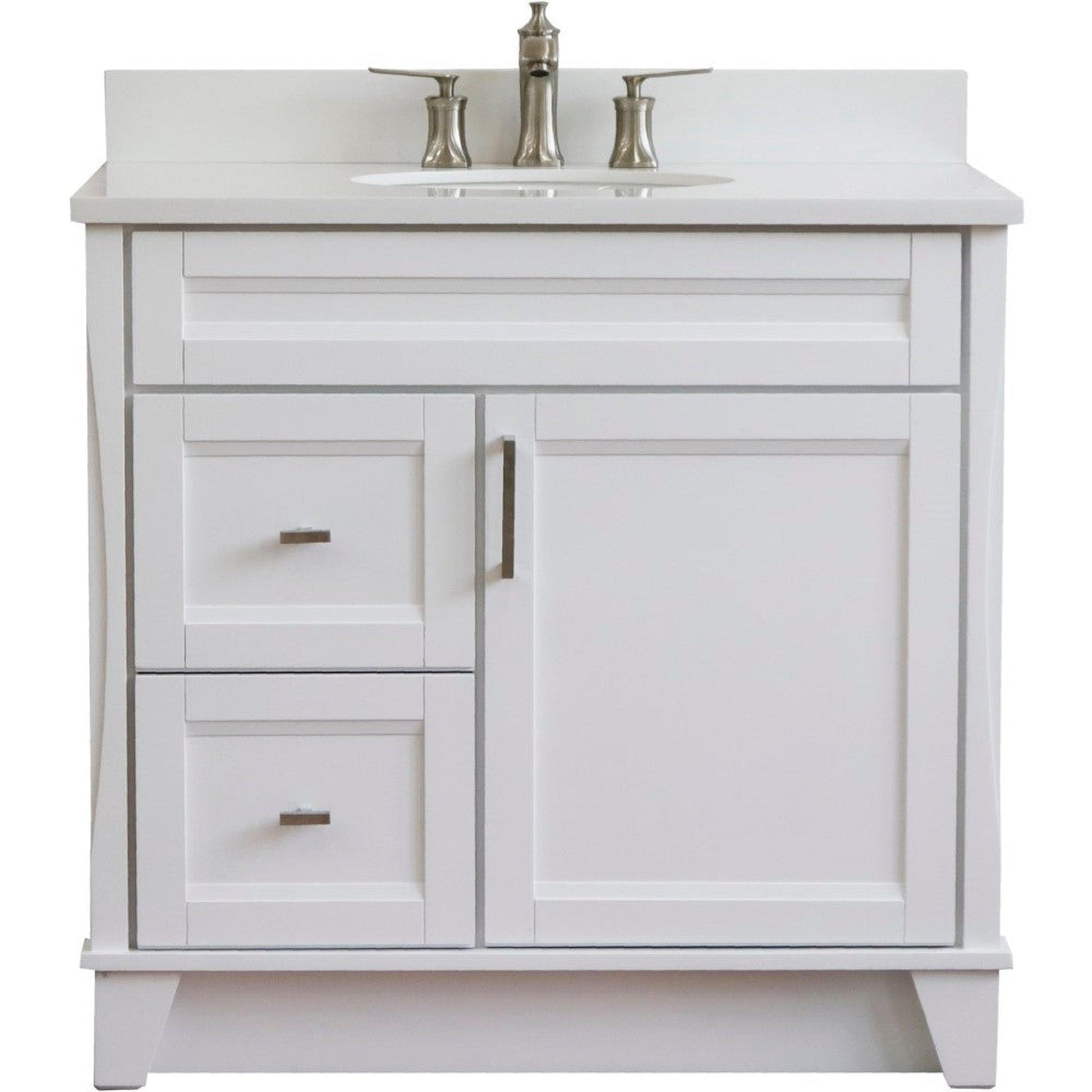 Bellaterra Home Terni 37" 1-Door 2-Drawer White Freestanding Vanity Set With Ceramic Center Undermount Oval Sink and White Quartz Top, and Right Door Base