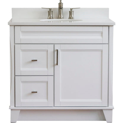 Bellaterra Home Terni 37" 1-Door 2-Drawer White Freestanding Vanity Set With Ceramic Center Undermount Oval Sink and White Quartz Top, and Right Door Base