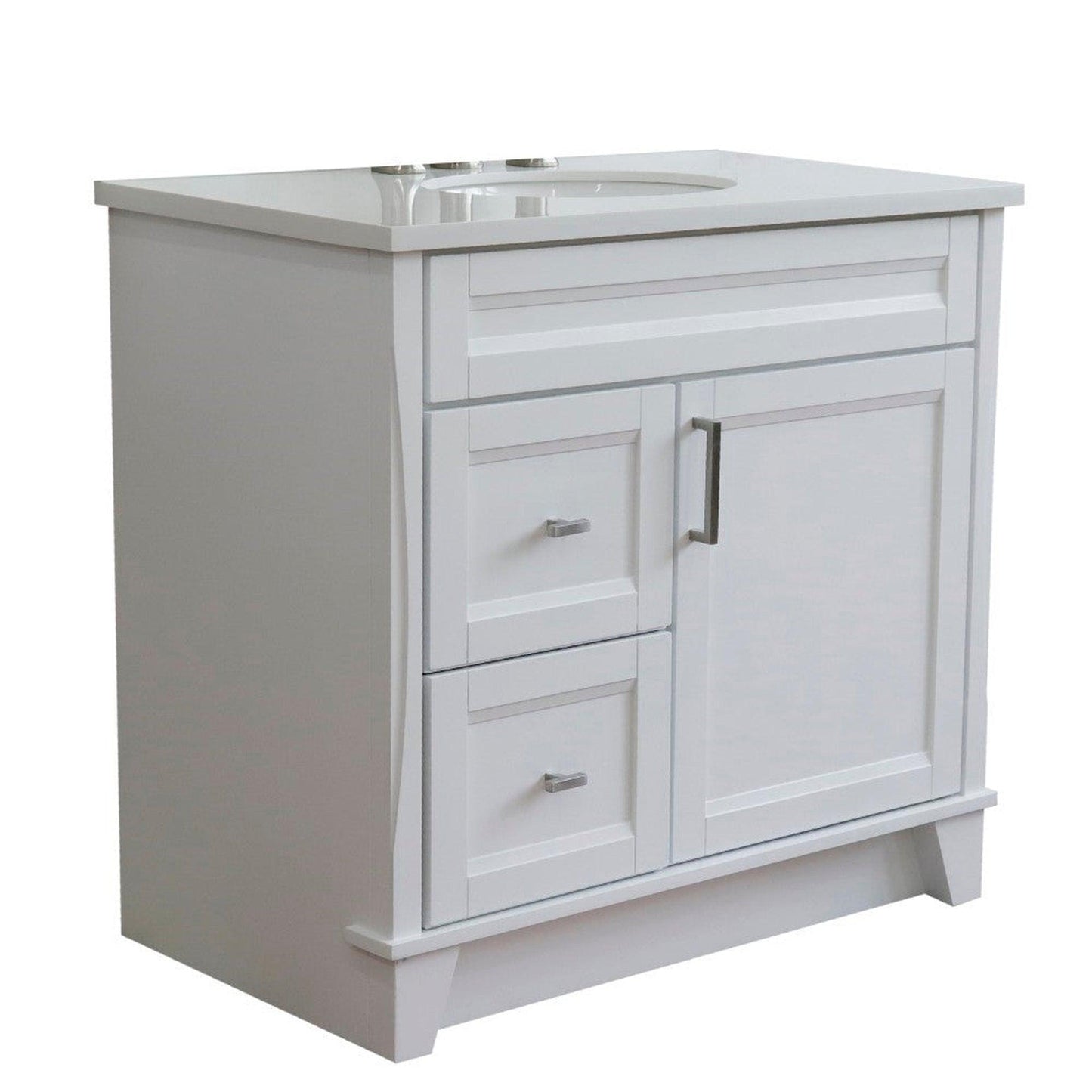 Bellaterra Home Terni 37" 1-Door 2-Drawer White Freestanding Vanity Set With Ceramic Center Undermount Oval Sink and White Quartz Top, and Right Door Base