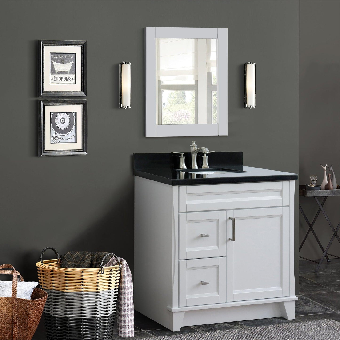 Bellaterra Home Terni 37" 1-Door 2-Drawer White Freestanding Vanity Set With Ceramic Center Undermount Rectangular Sink and Black Galaxy Granite Top, and Right Door Base