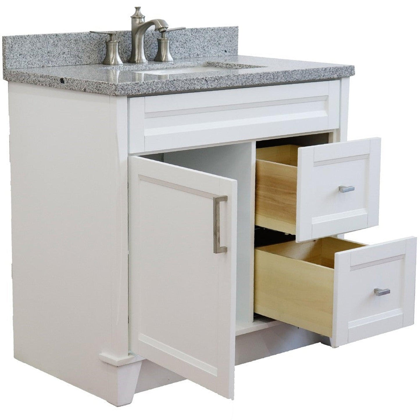 Bellaterra Home Terni 37" 1-Door 2-Drawer White Freestanding Vanity Set With Ceramic Center Undermount Rectangular Sink and Gray Granite Top, and Left Door Base