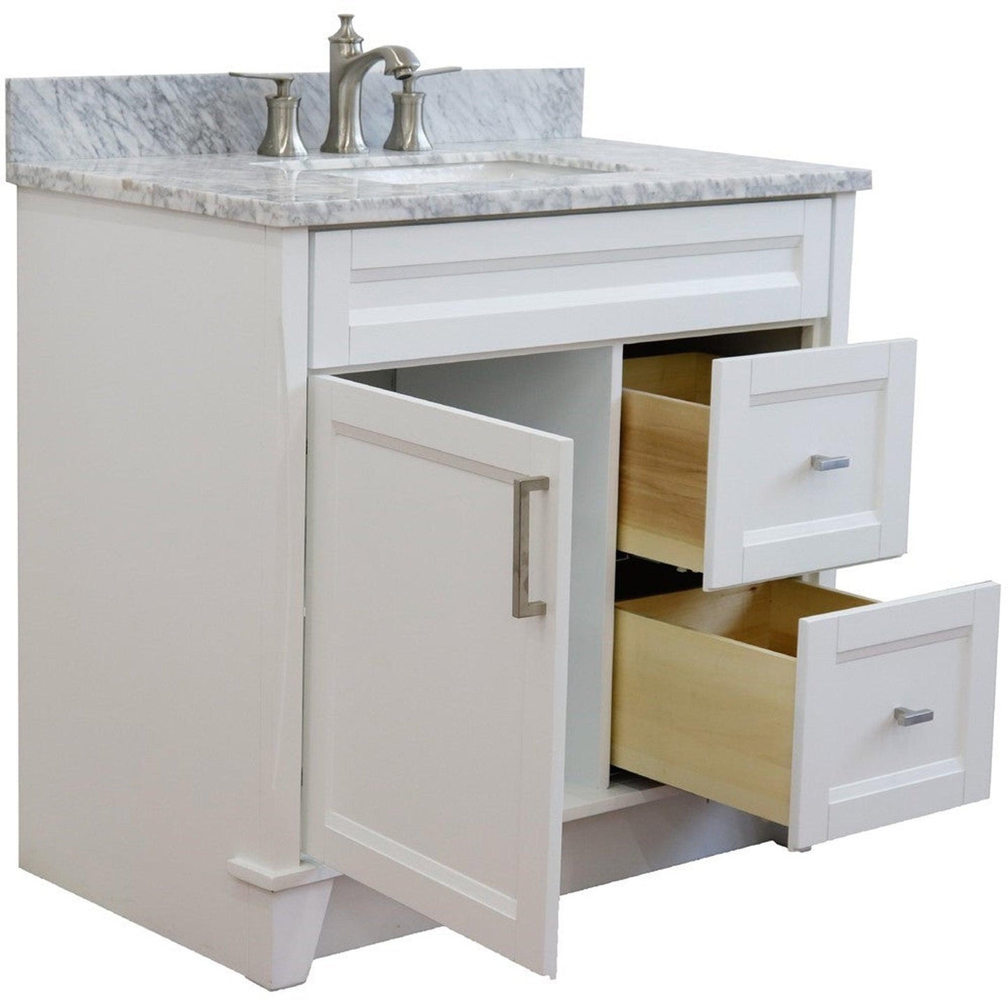 Bellaterra Home Terni 37" 1-Door 2-Drawer White Freestanding Vanity Set With Ceramic Center Undermount Rectangular Sink and White Carrara Marble Top, and Left Door Base